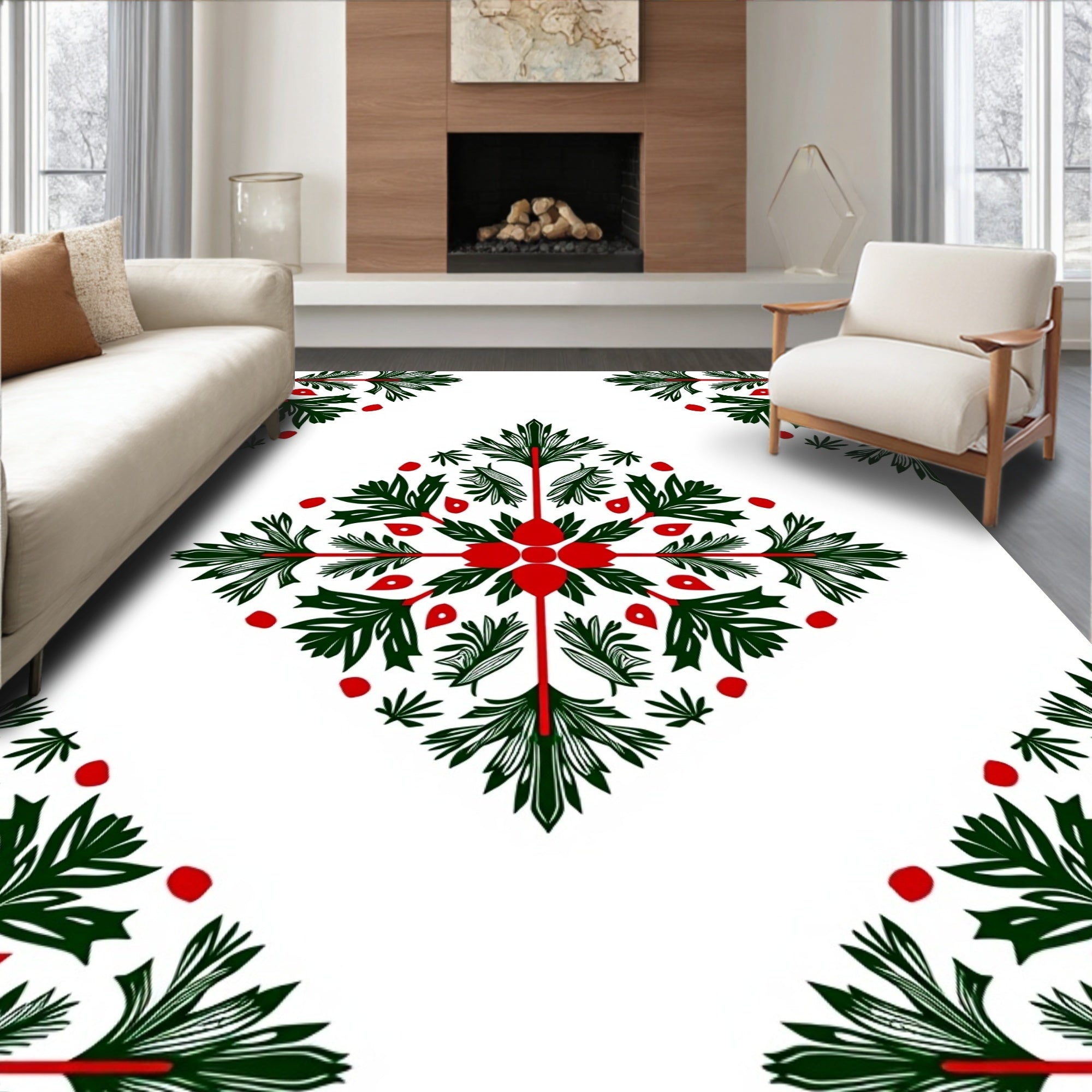 Green Red Leaf Medallion Rug