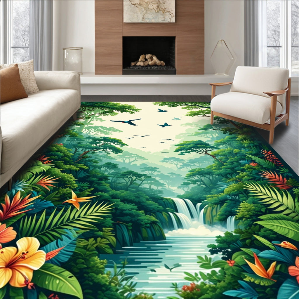 Lush Jungle Waterfall Birds Floral Design Rug