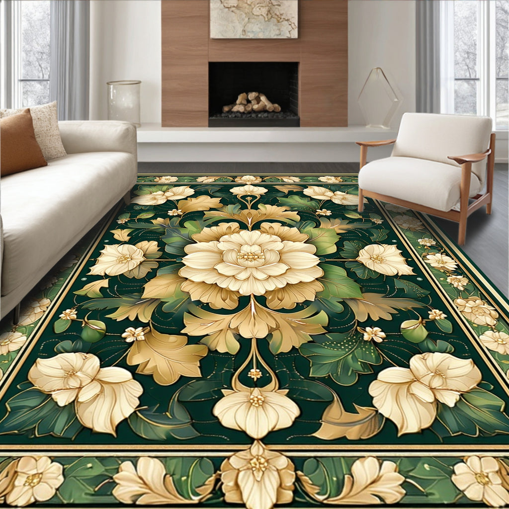 Ornate Floral Botanical Dark Green Rug
