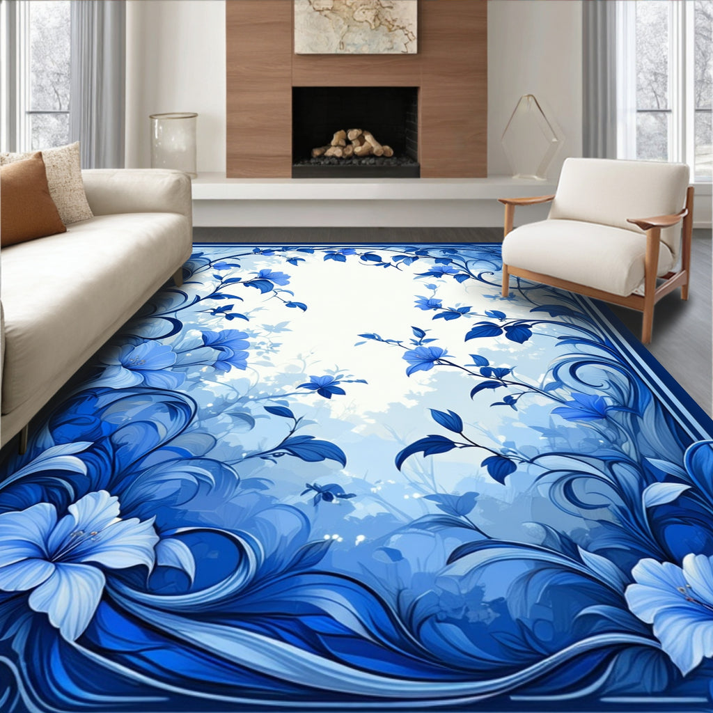 Blue Floral Curving Vines Pattern Rug