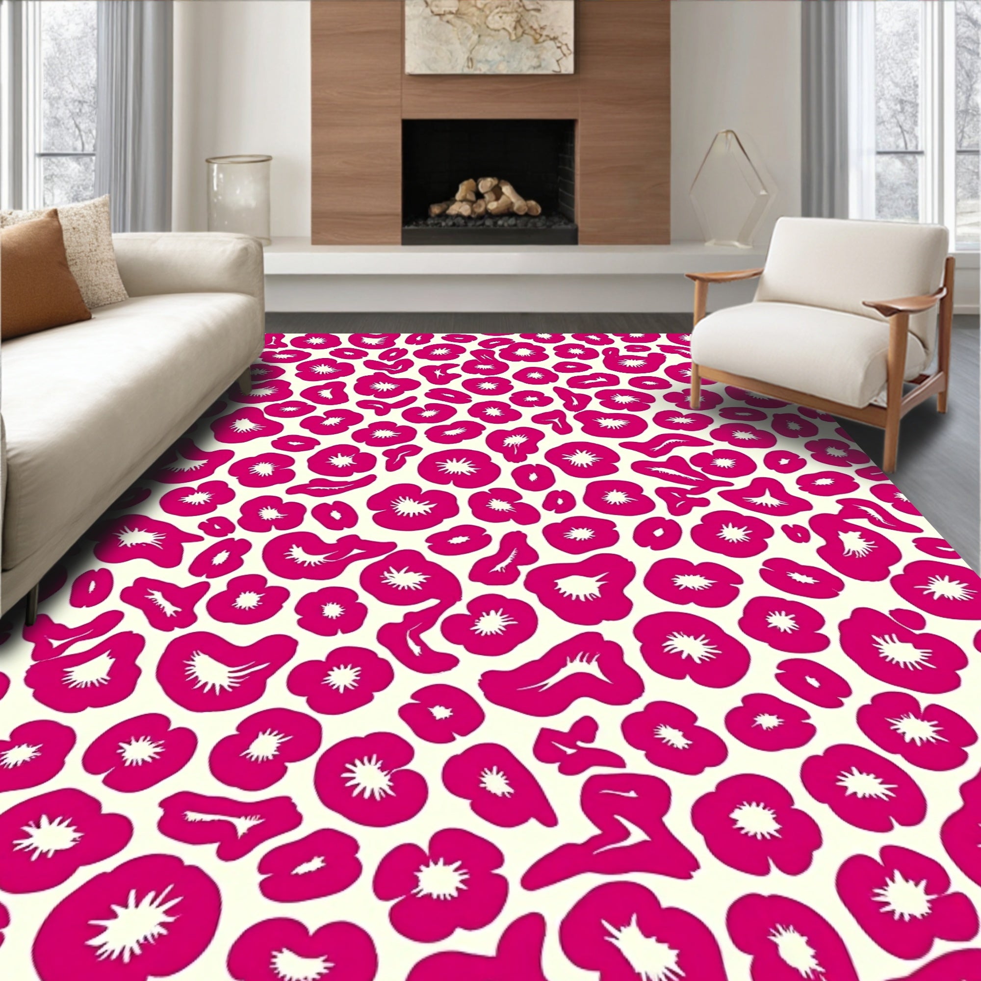 Bold Pink Flower Animal Print Rug