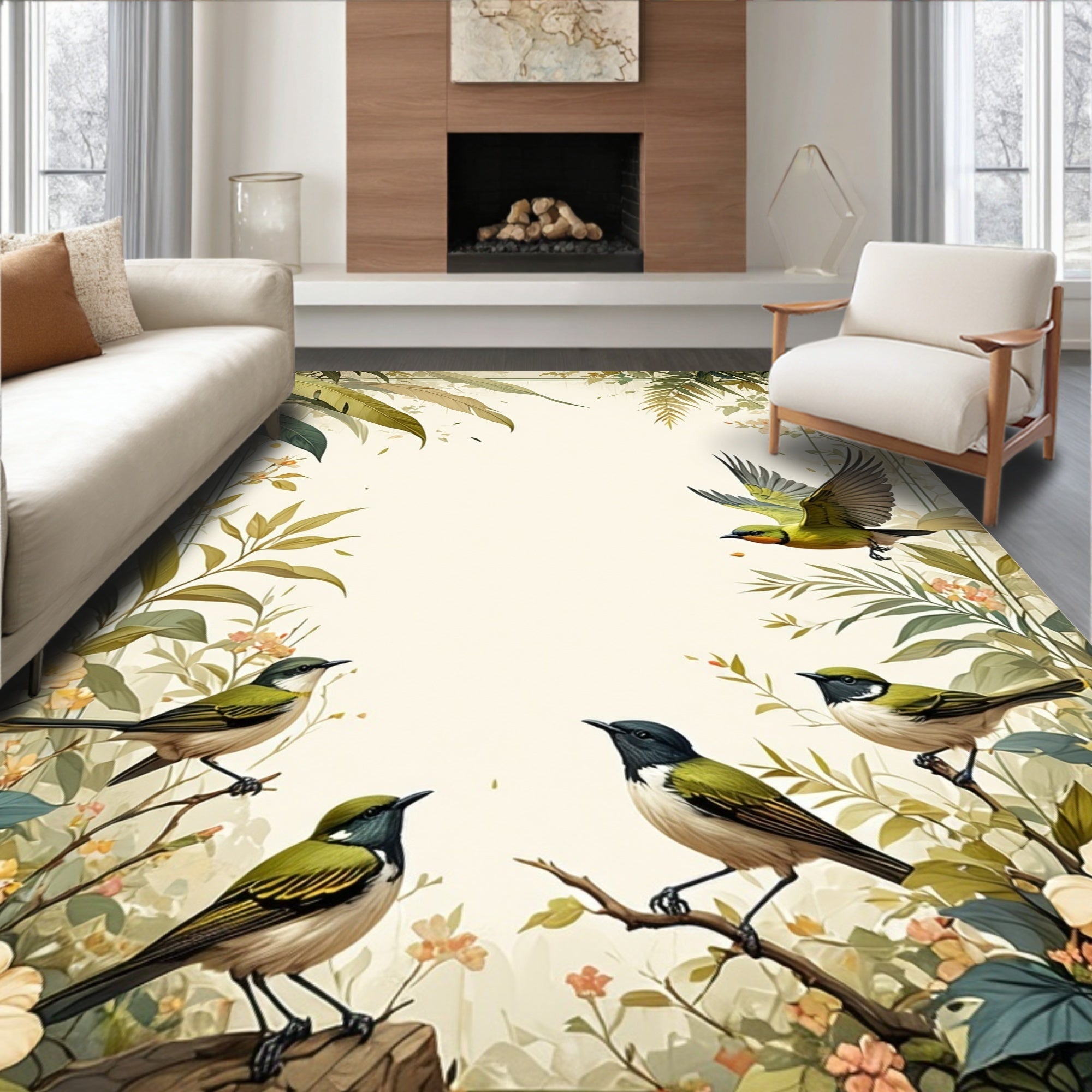 Birds and Lush Foliage Pattern Design Rug
