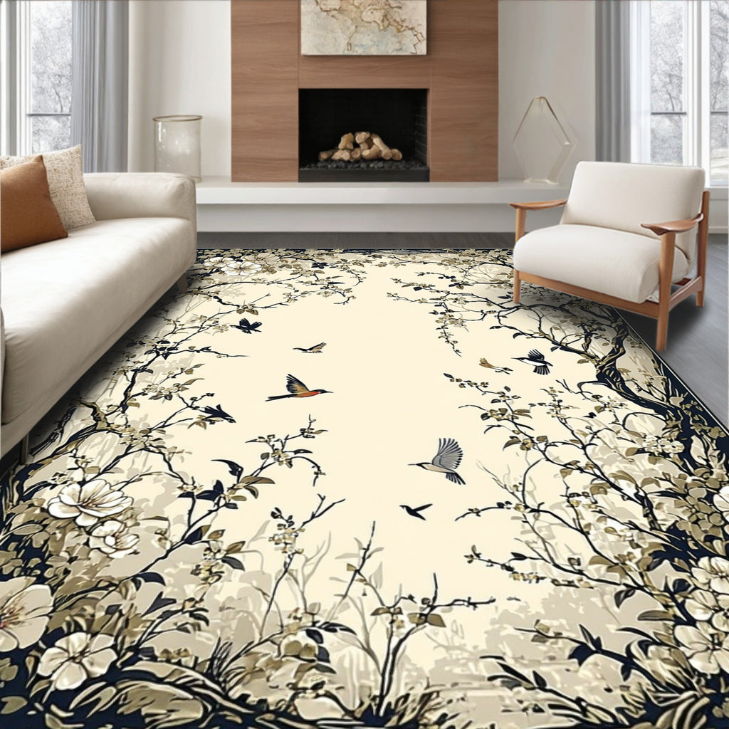 Vintage Floral Birds Scene Rug