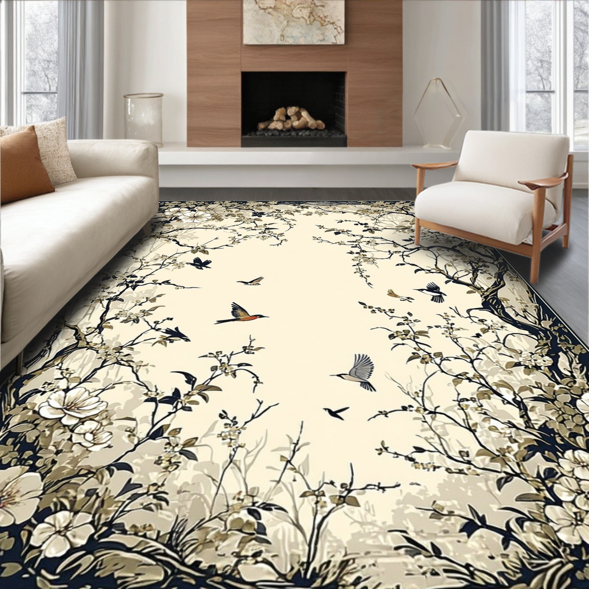 Vintage Floral Birds Scene Rug