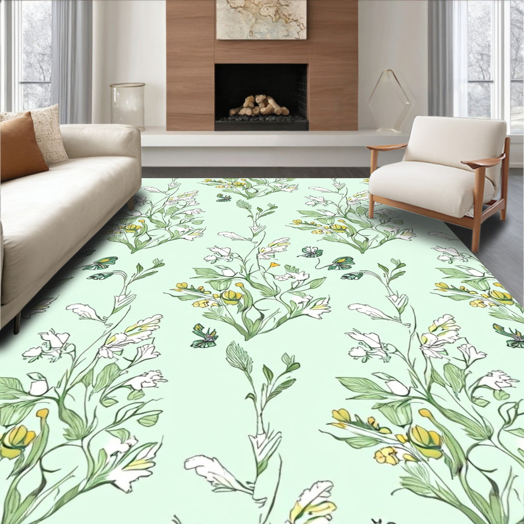 Whimsical Botanical Sketch Floral Pattern Rug