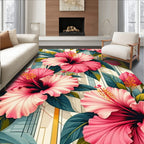 Vibrant Pink Hibiscus Floral Pattern Rug