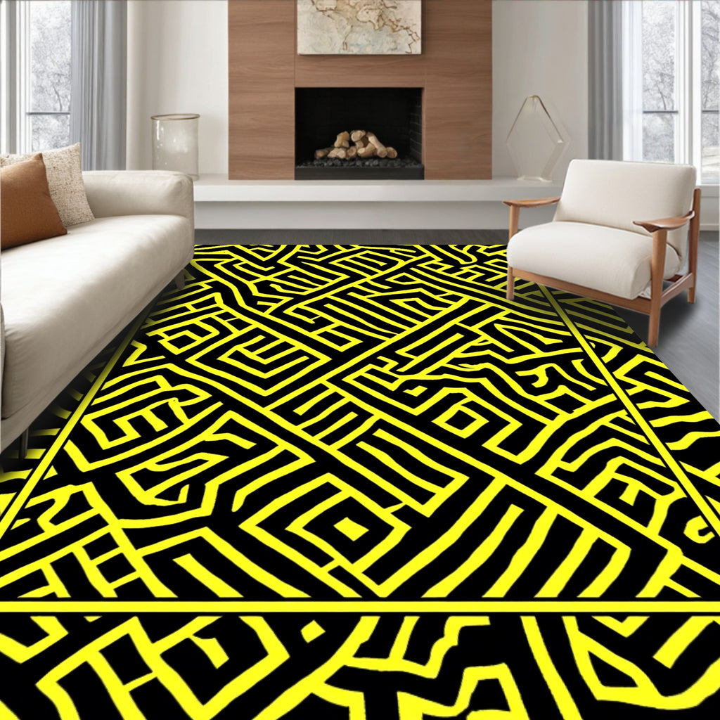 Bold Yellow Black Abstract Pattern Rug
