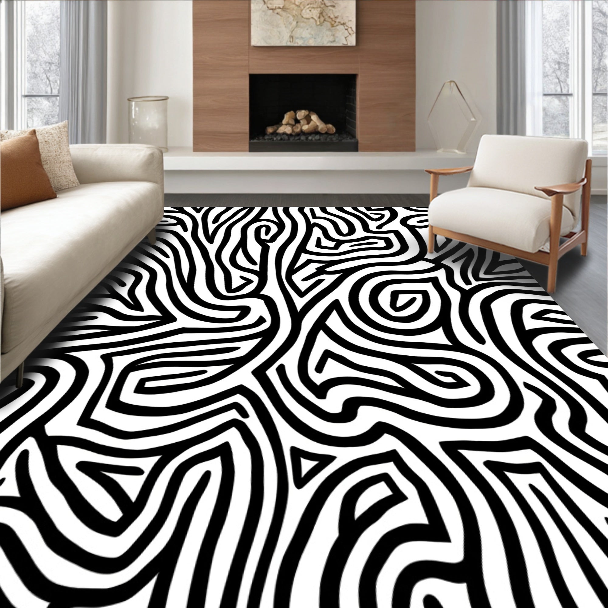 Bold Black White Wavy Pattern Rug