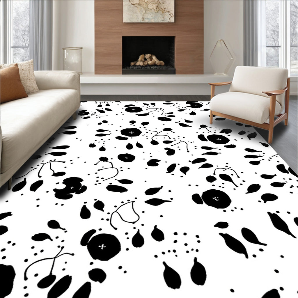 Black Whimsical Floral Dot Pattern Rug