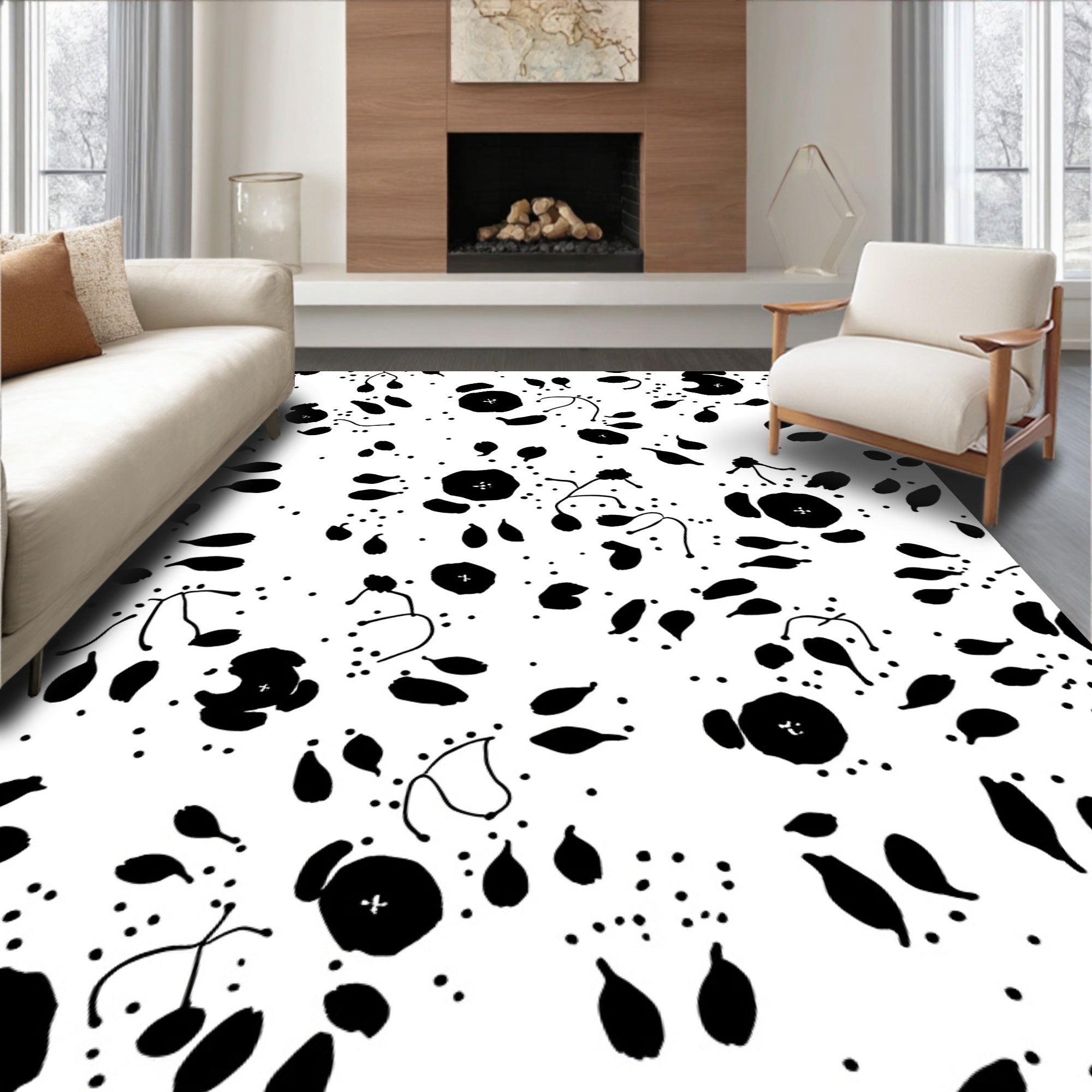 Black Whimsical Floral Dot Pattern Rug