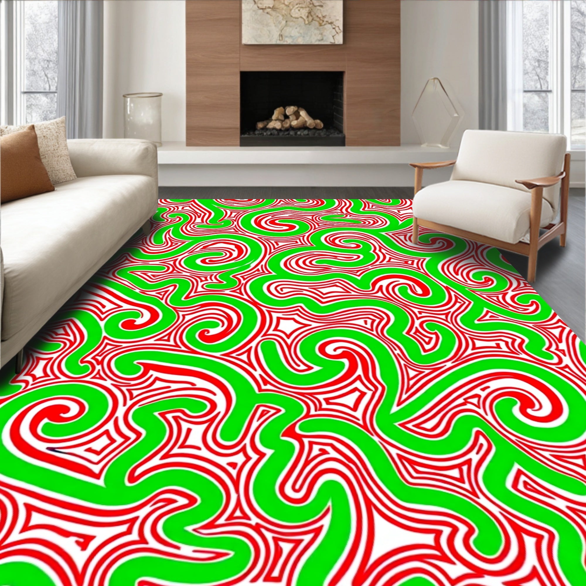 Swirling Green Red Abstract Lines Rug