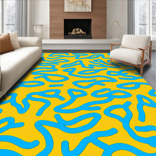 Abstract Blue Line Yellow Pattern Rug