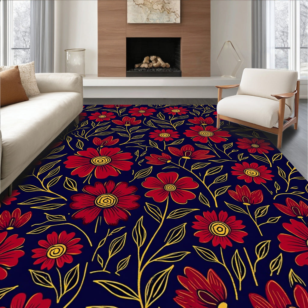 Red Floral Pattern with Yellow Outline Rug