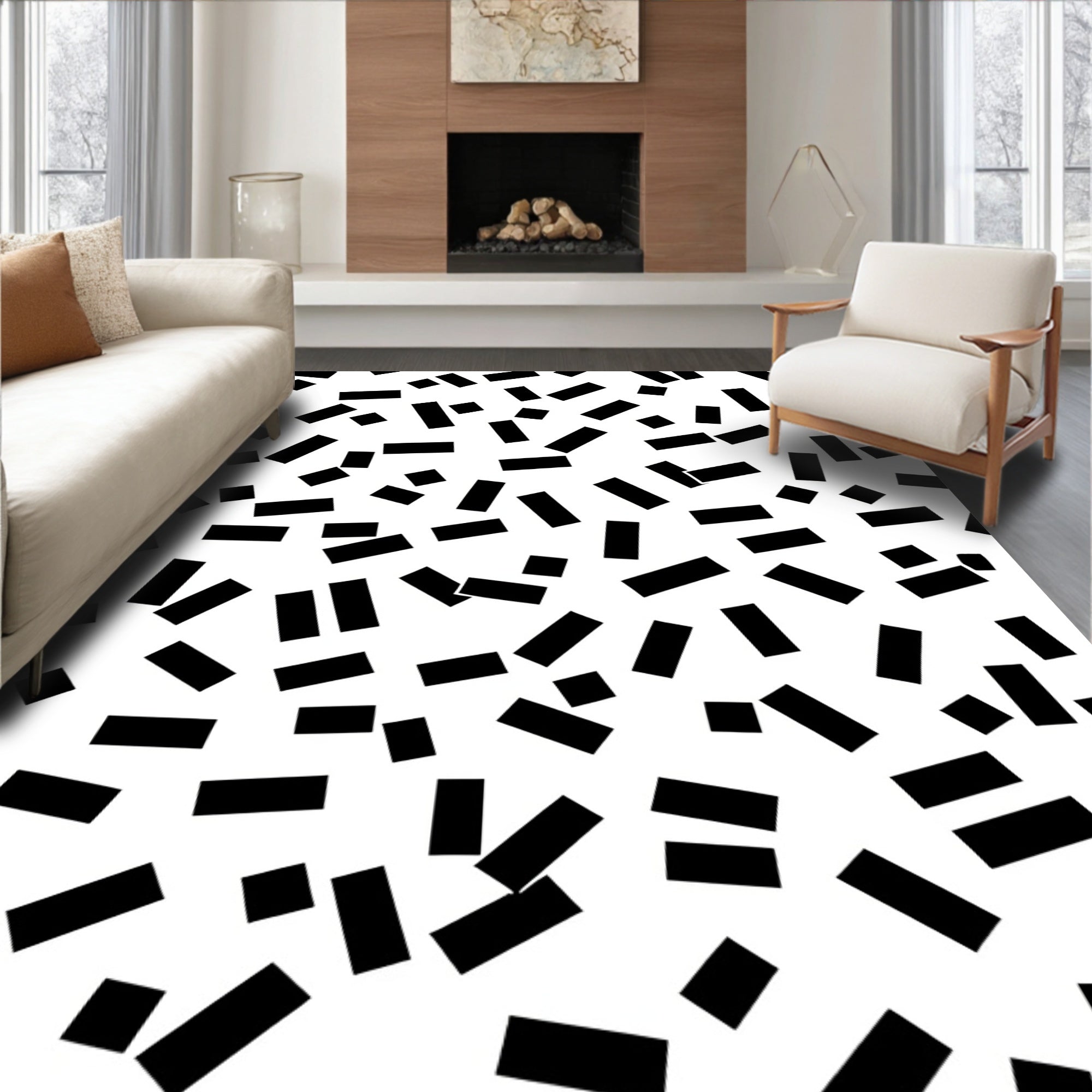 Black White Random Rectangle Pattern Rug