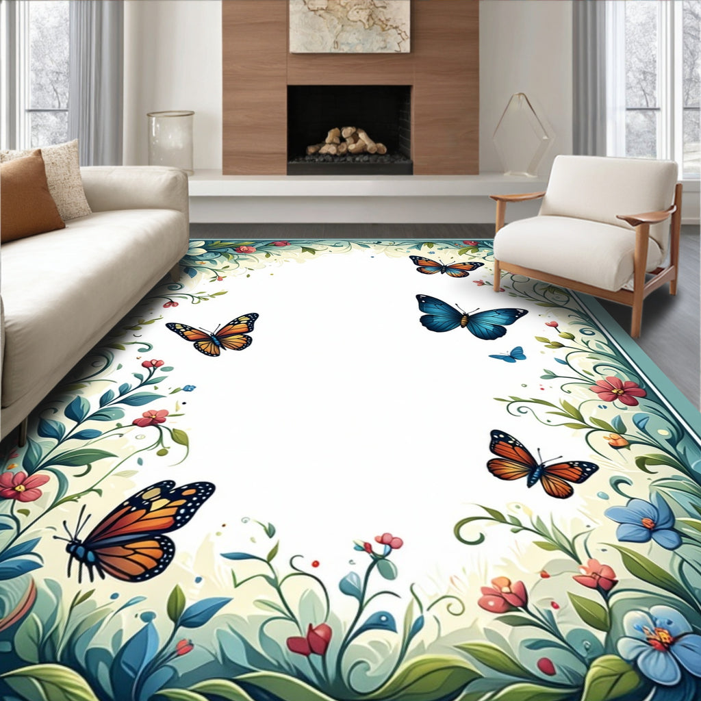 Whimsical Butterflies and Floral Garden Design Rug