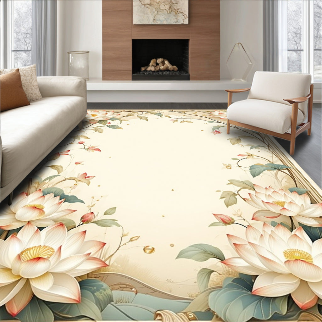 Elegant Lotus Floral Vine Border Rug