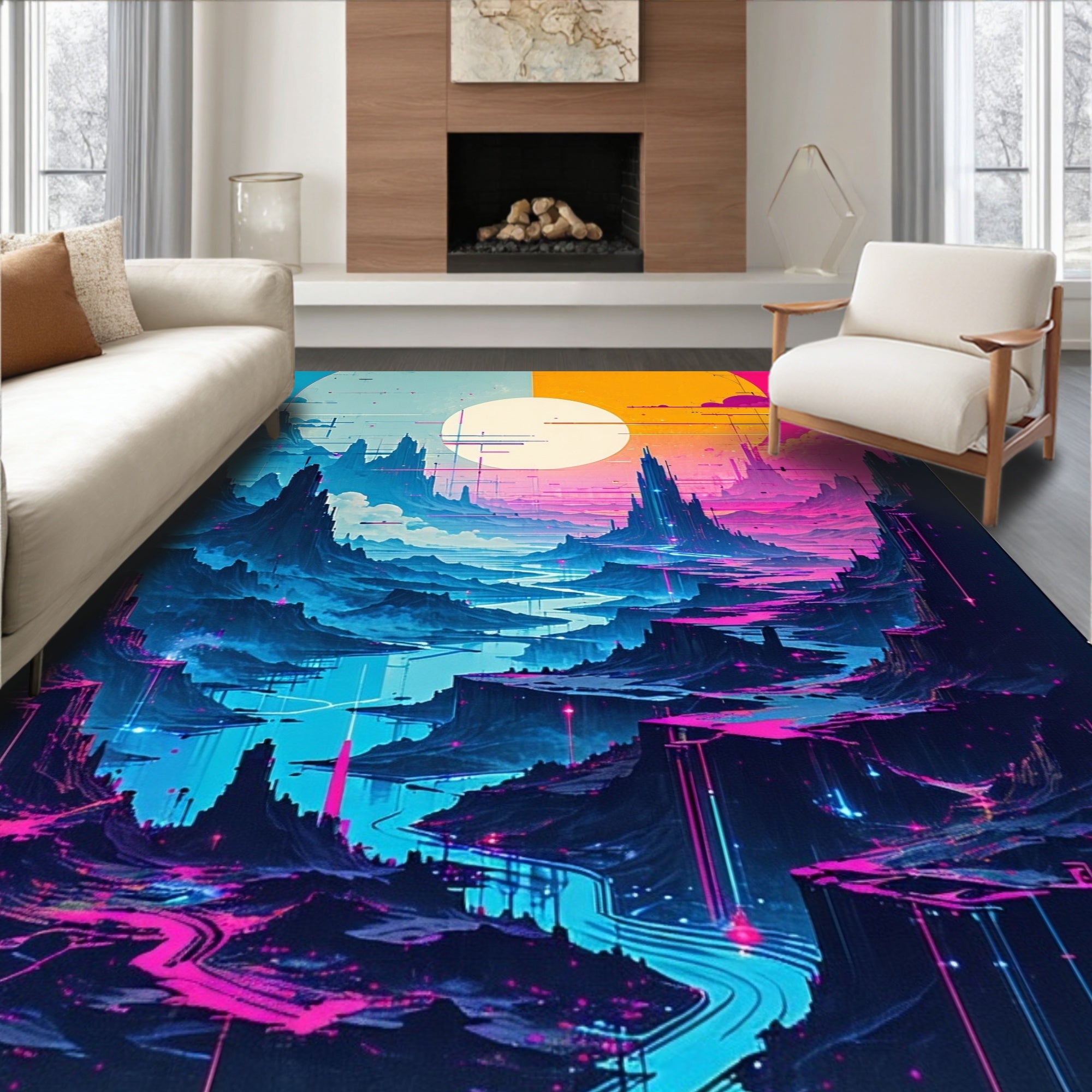 Electric Neon Mountain River Pathway Rug