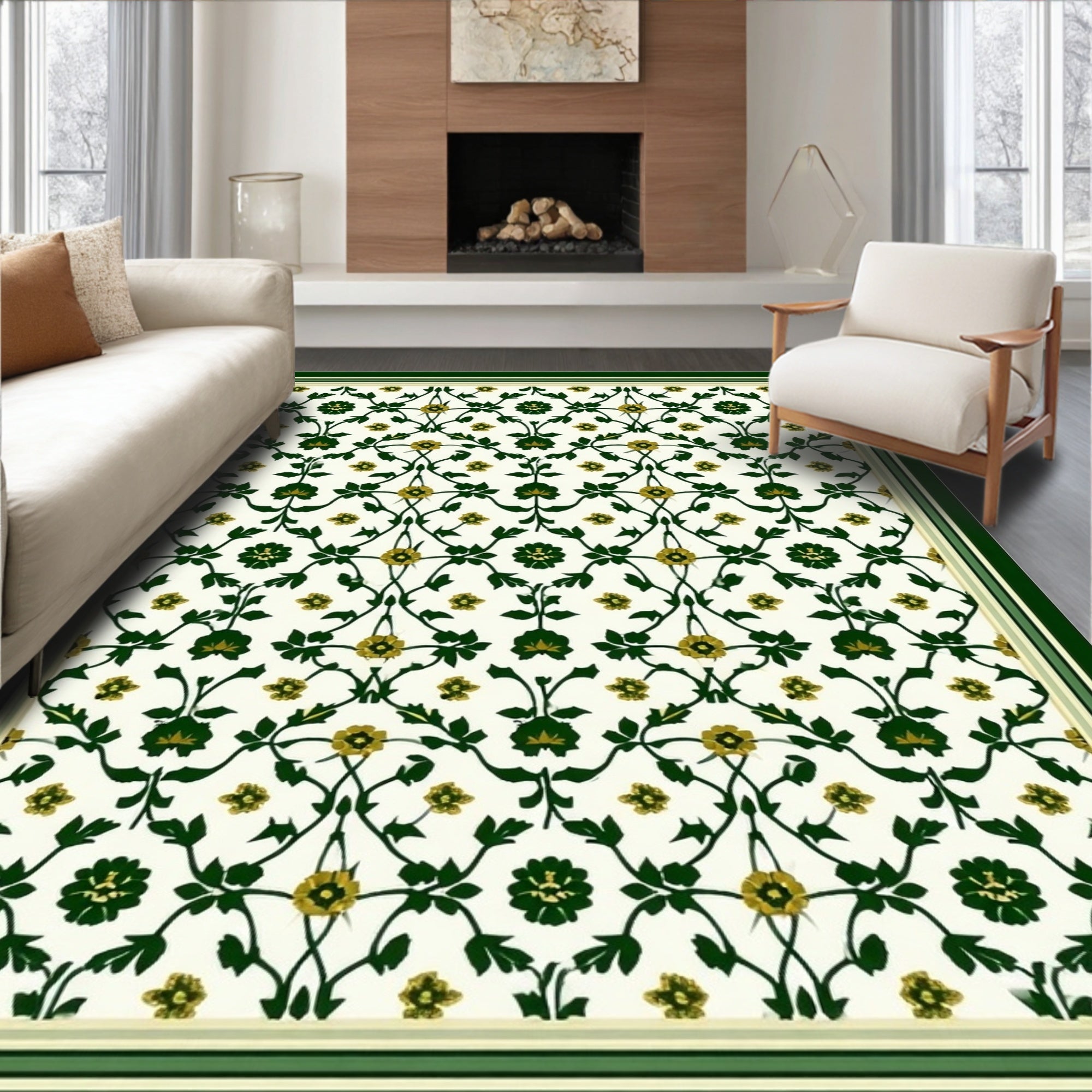 Ornate Green Floral Pattern Rug
