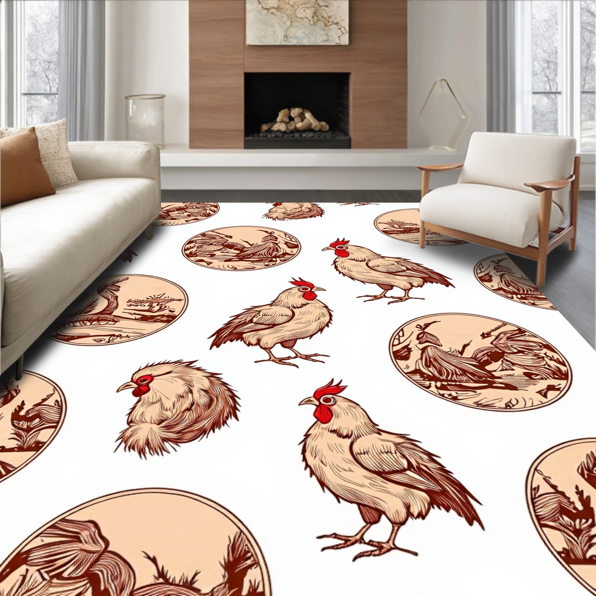 Farmhouse Rooster Circle Landscape Art Rug