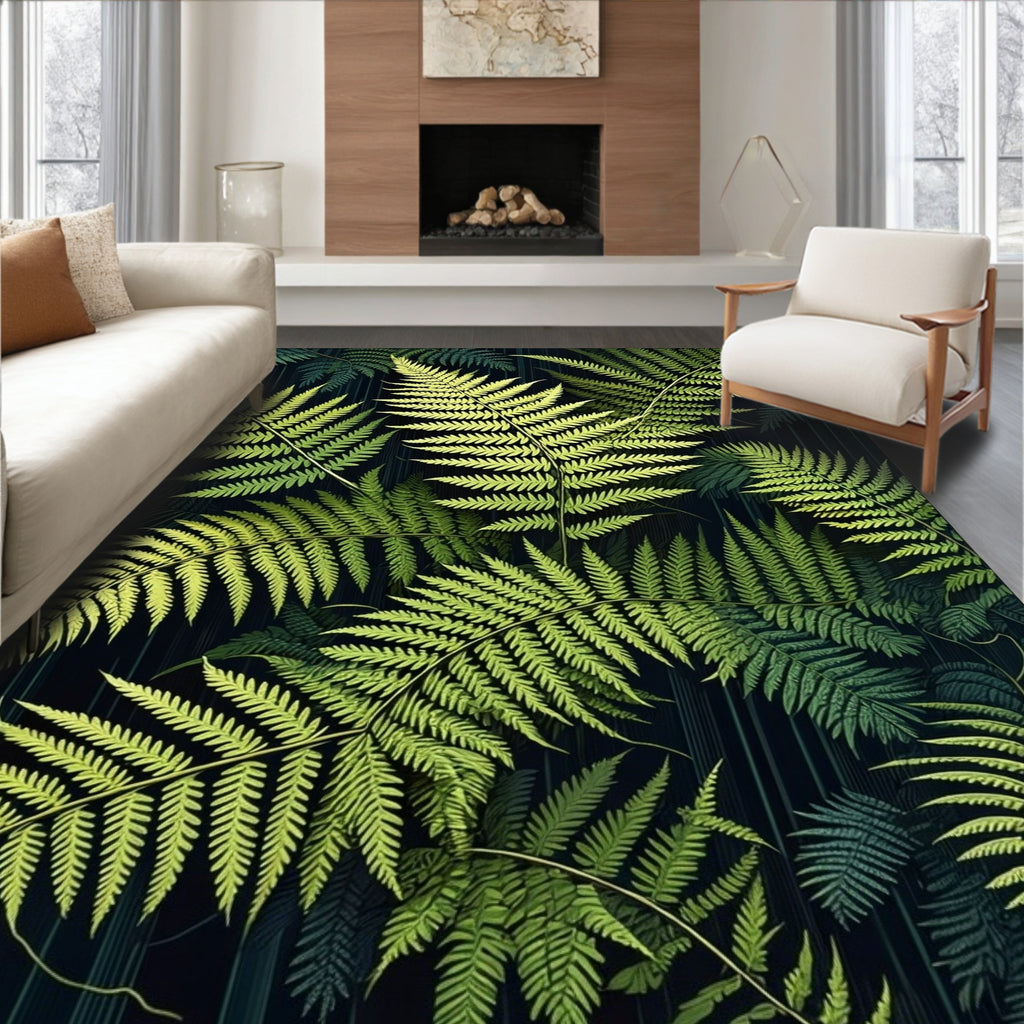Lush Fern Pattern Dark Botanical Design Rug
