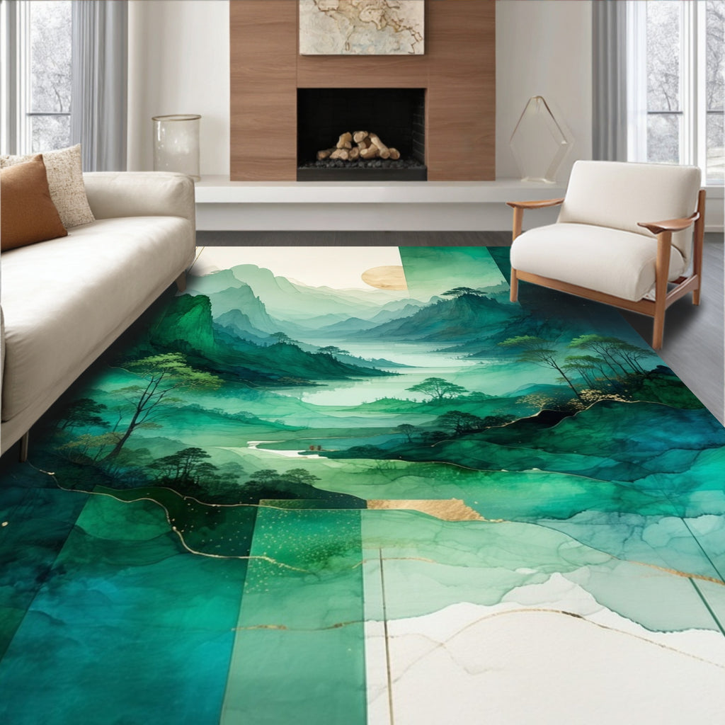 Misty Mountain Landscape Watercolor Design Rug