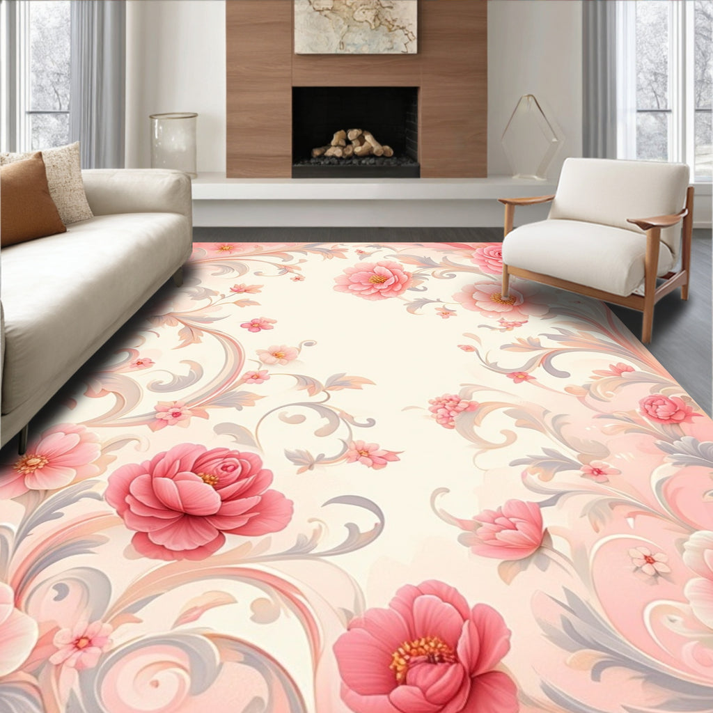 Elegant Pink Floral Scroll Design Rug