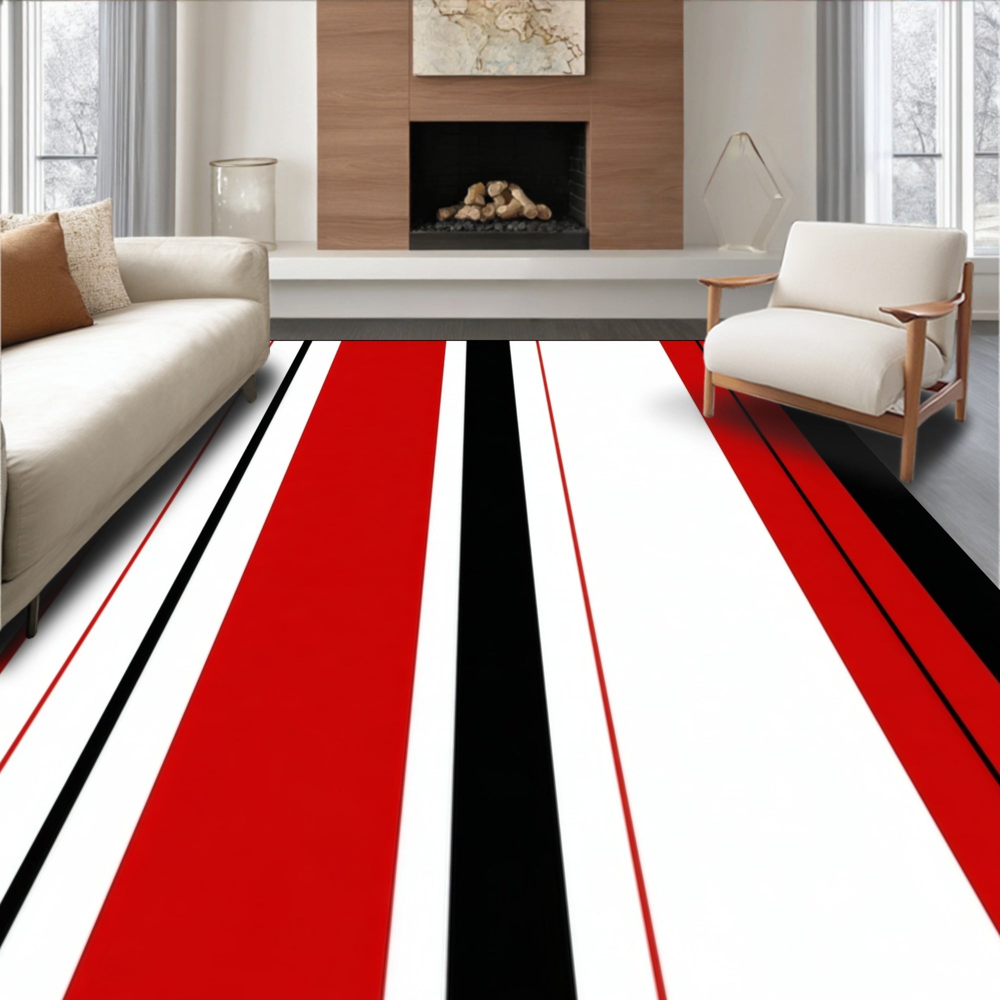 Bold Red Black White Stripe Pattern Rug