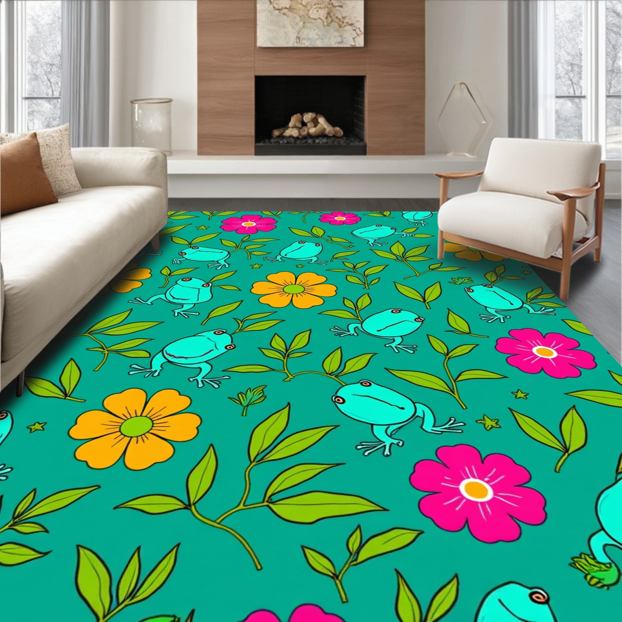 Frog Flower Patterned Whimsical Rug
