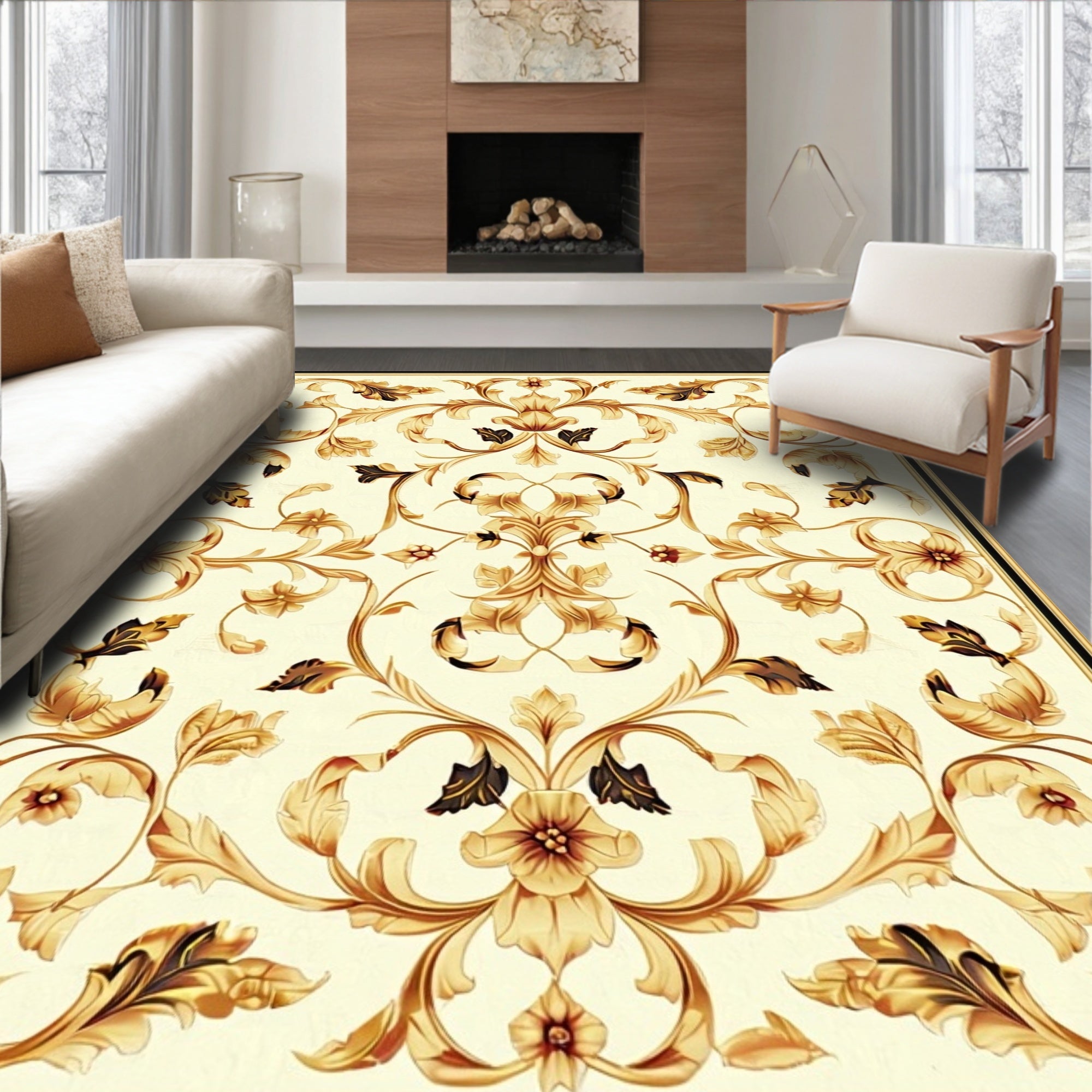 Ornate Floral Patterned Golden Rug