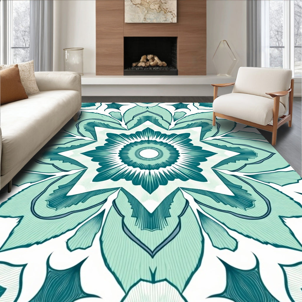 Teal Floral Starburst Intricate Design Rug