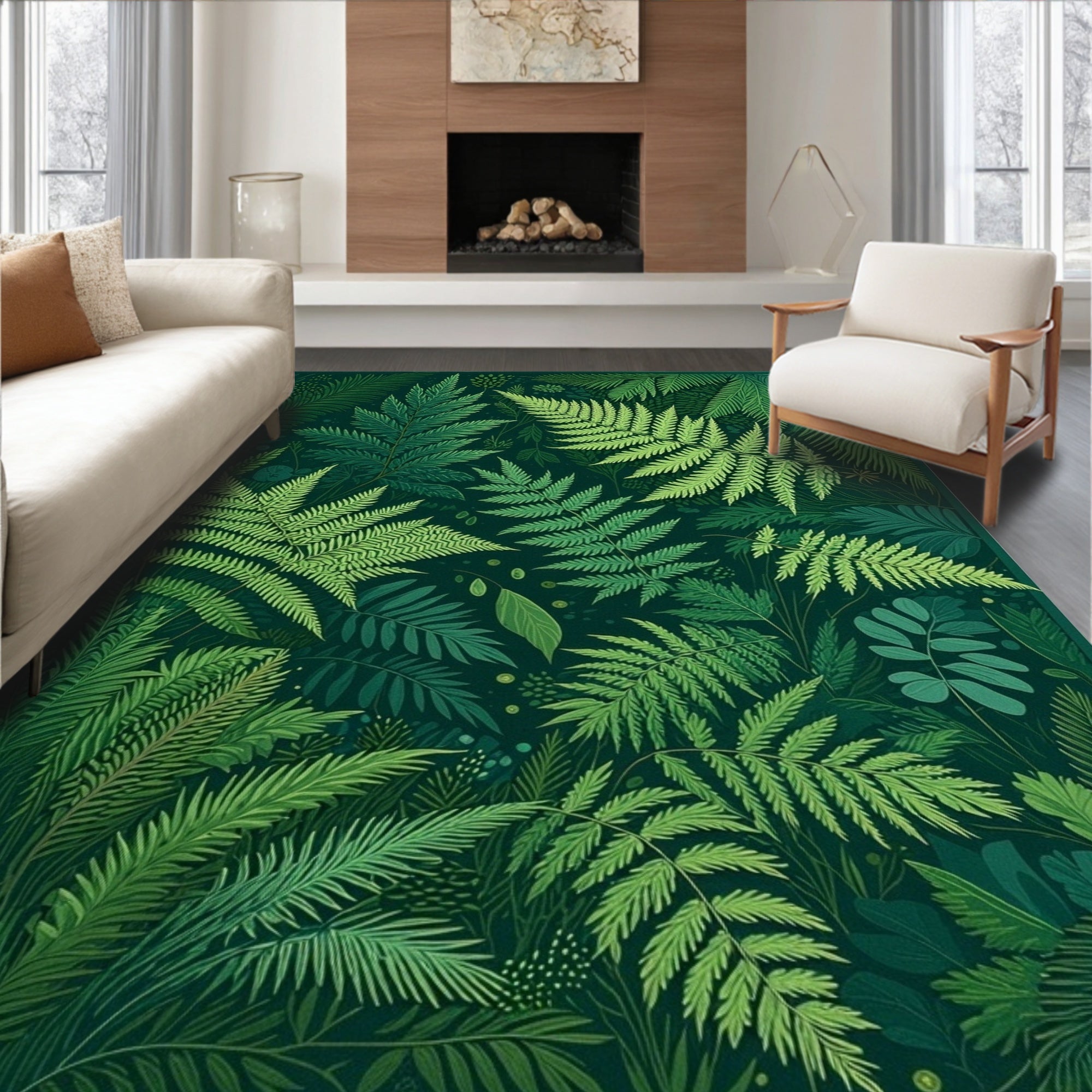 Lush Green Fern Pattern Rug