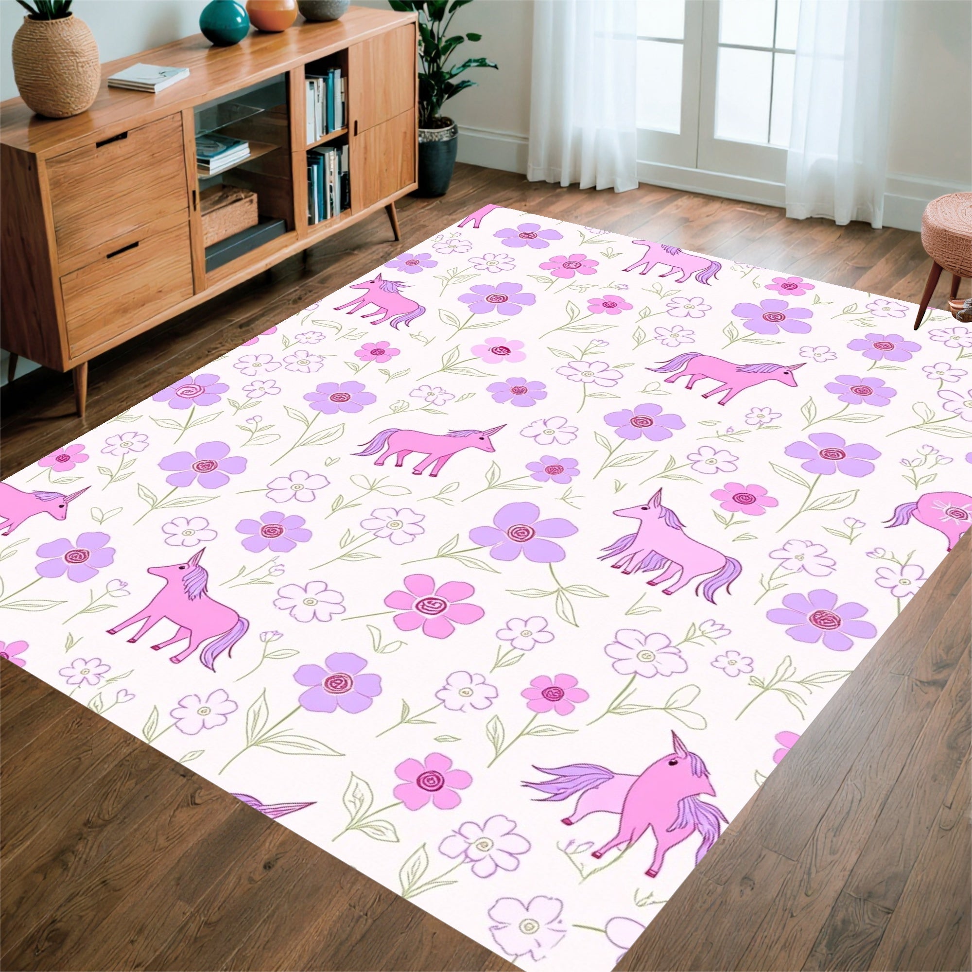 Pastel Unicorn Floral Meadow Design Rug