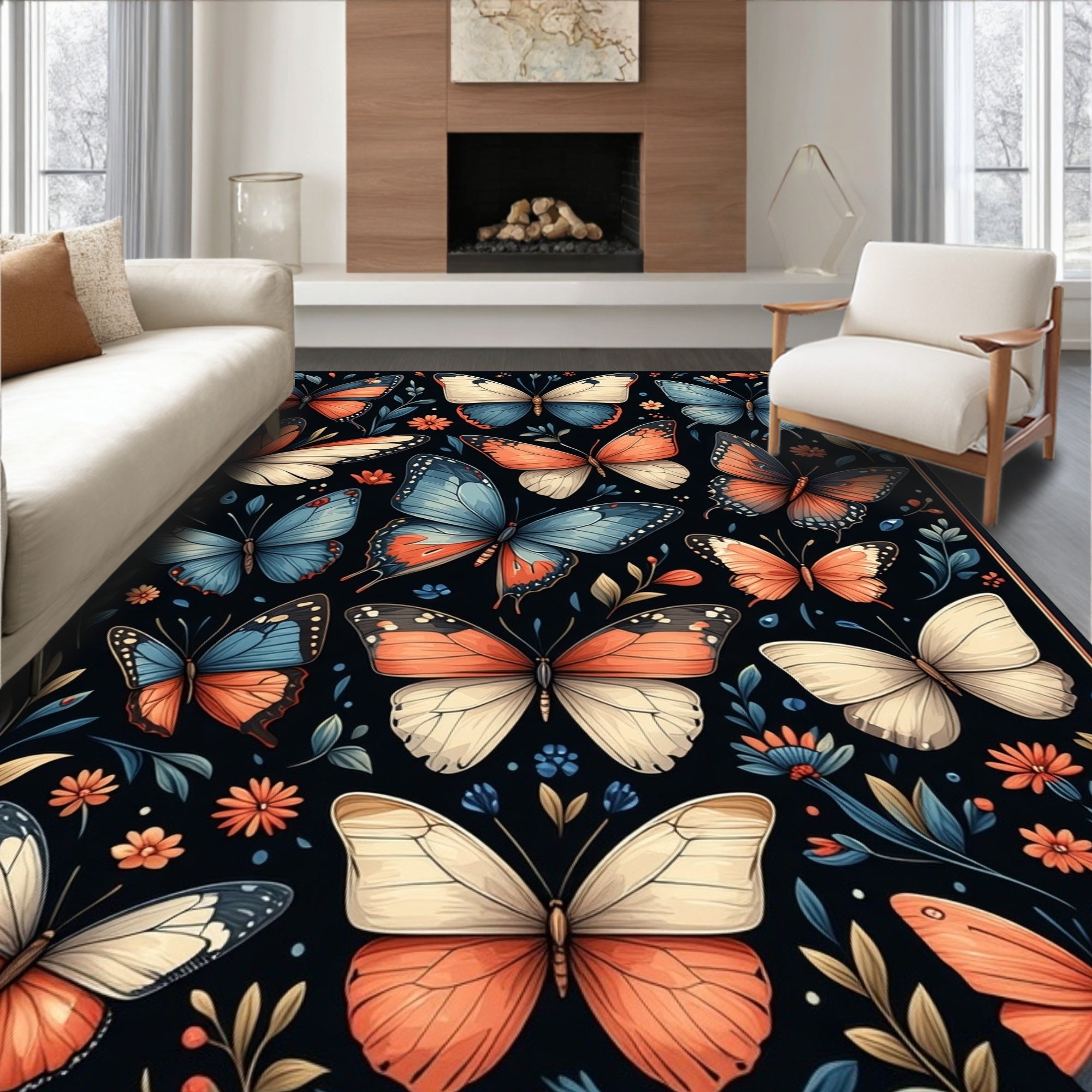 Vibrant Butterfly Floral Pattern Design Rug