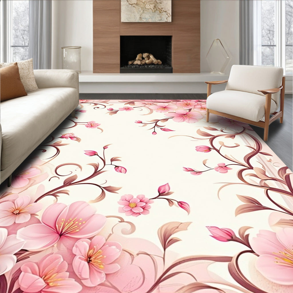 Soft Pink Floral Scroll Pattern Rug