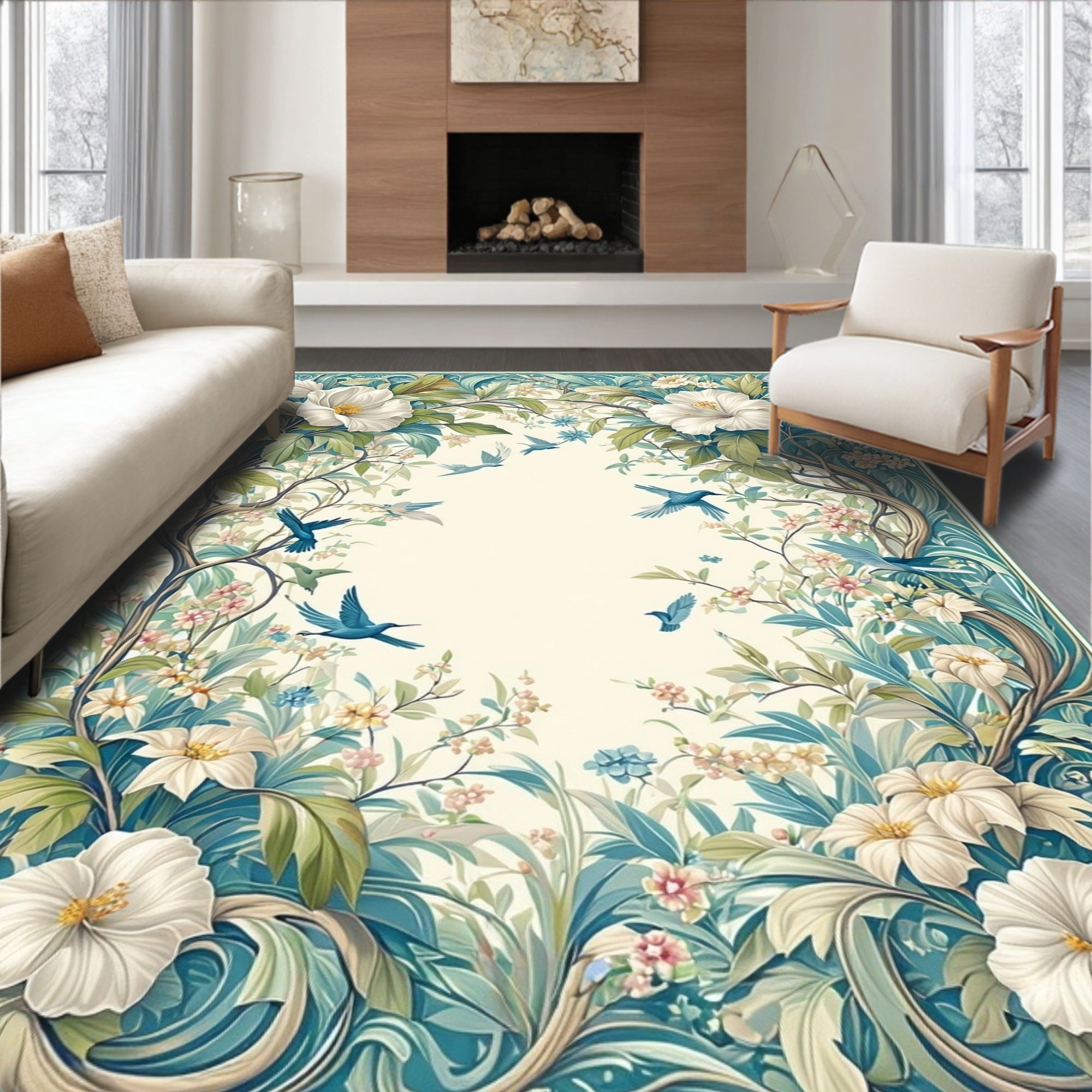 Whimsical Birds Floral Frame Design Rug
