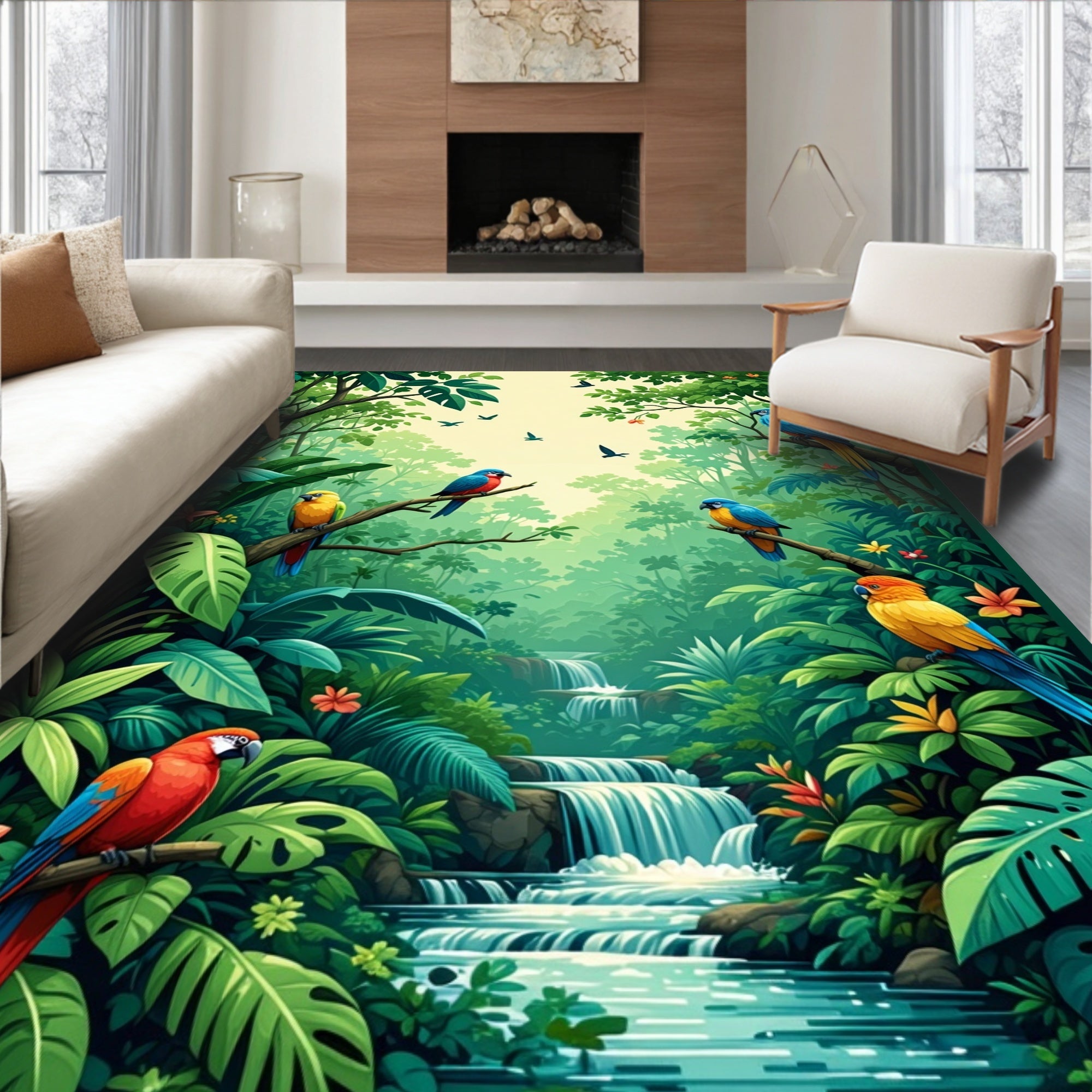 Tropical Jungle Waterfall Parrot Scene Rug