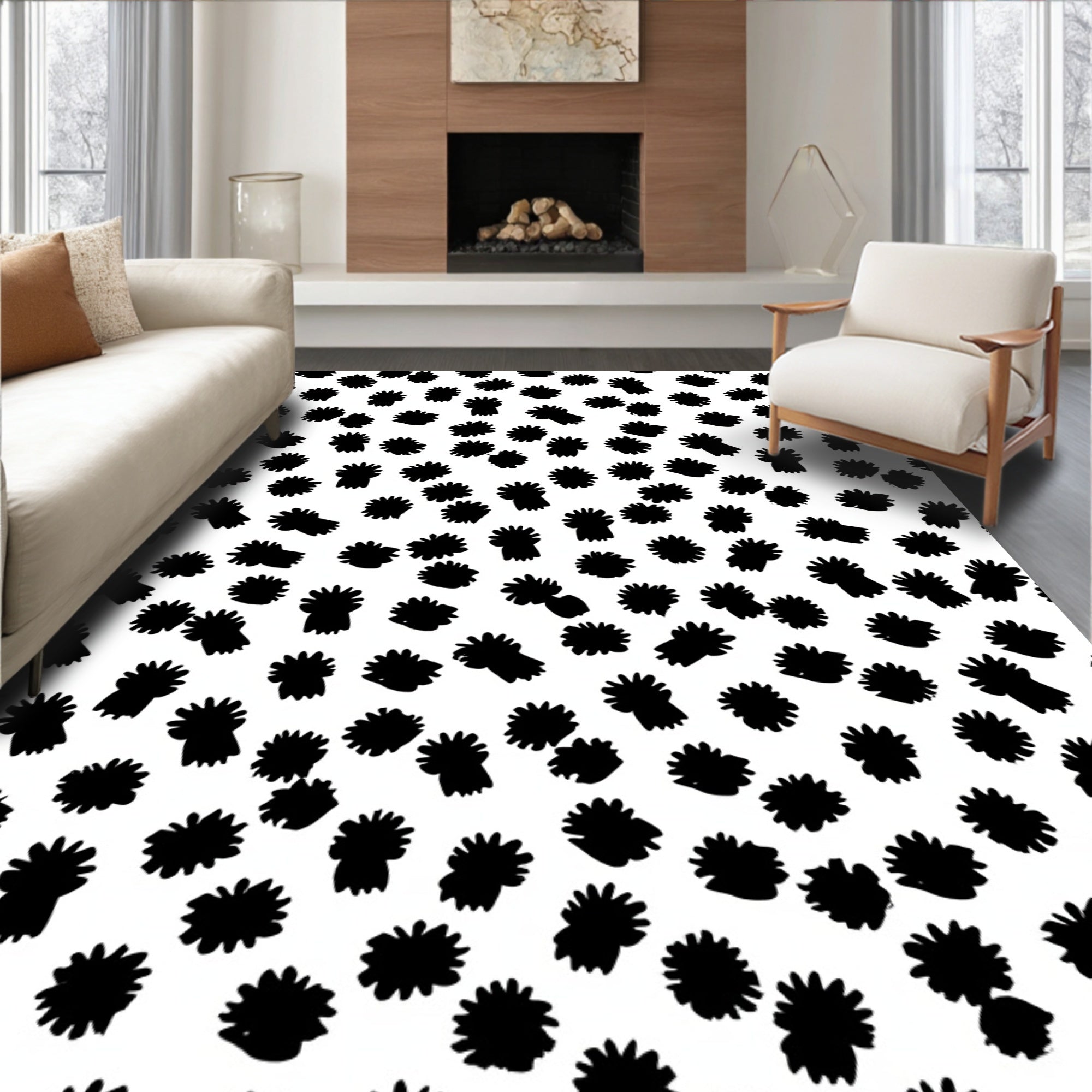 Black White Floral Scattered Pattern Rug