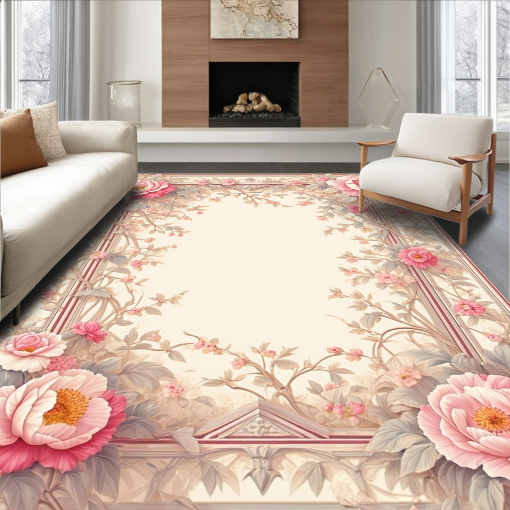 Soft Pink Beige Floral Frame Rug
