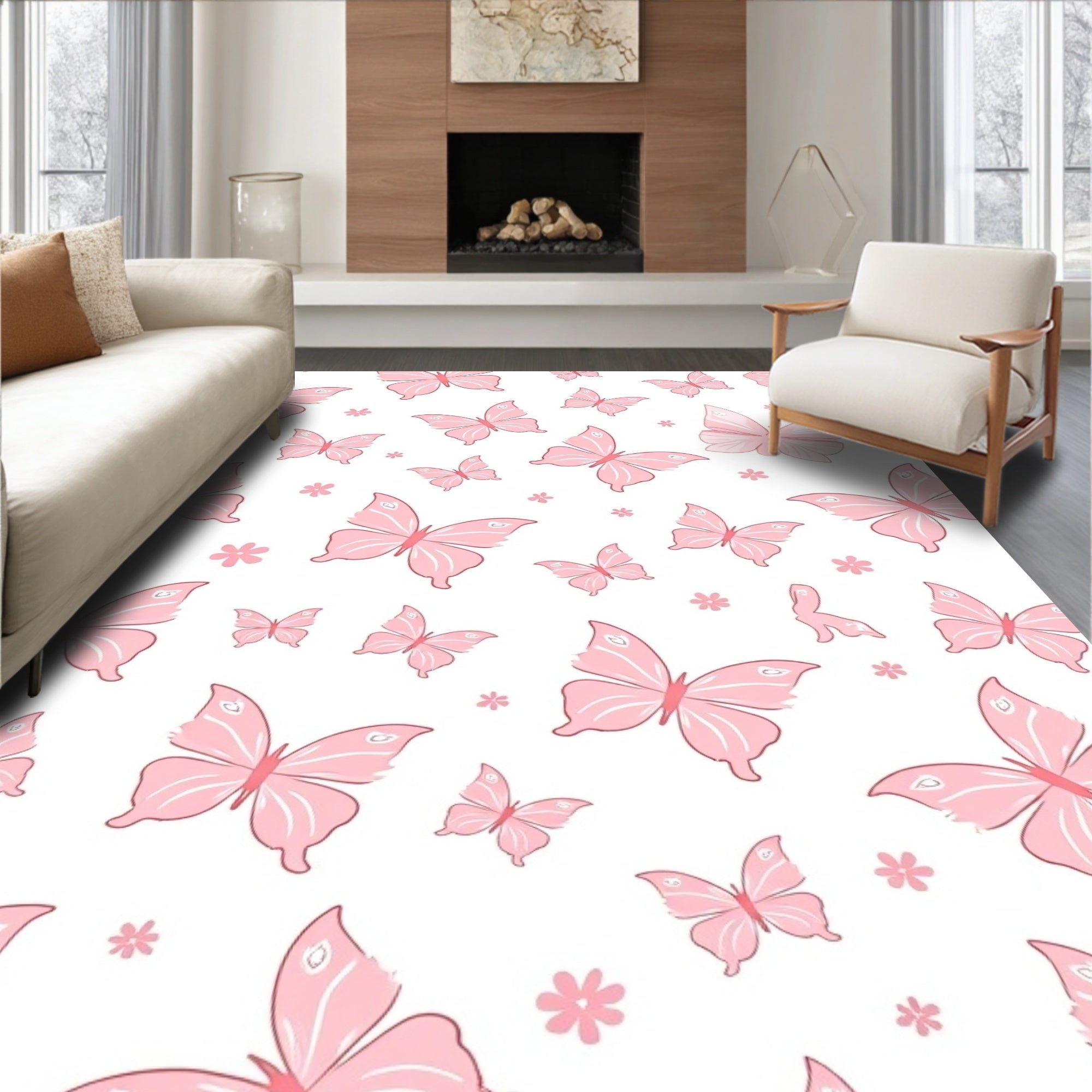 Pink Butterfly Garden Pattern Rug