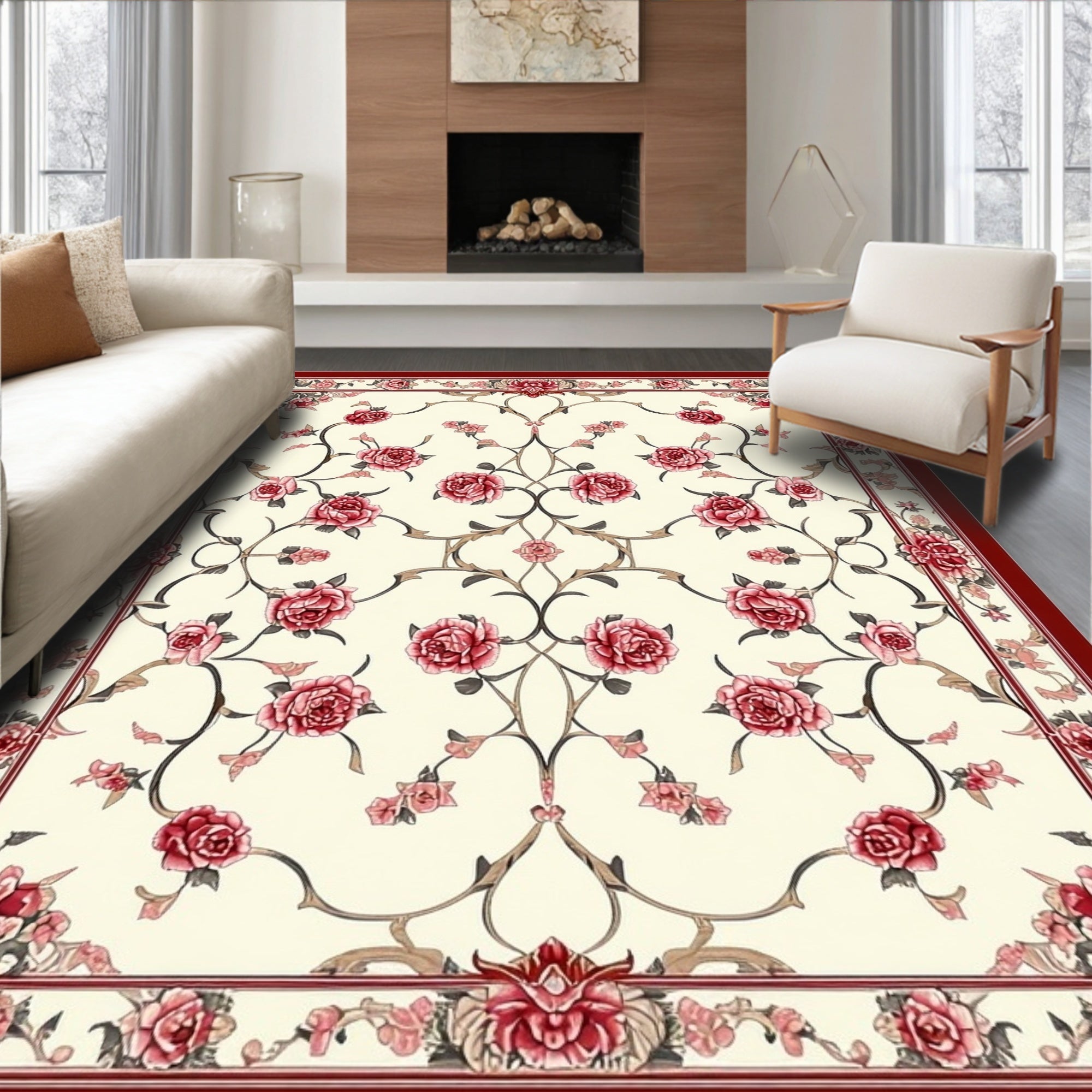 Ornate Rose Garden Floral Pattern Rug