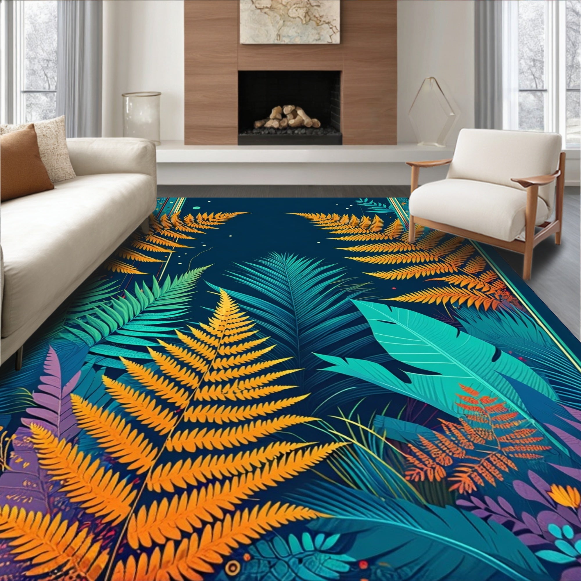 Vibrant Tropical Fern Leaf Pattern Rug