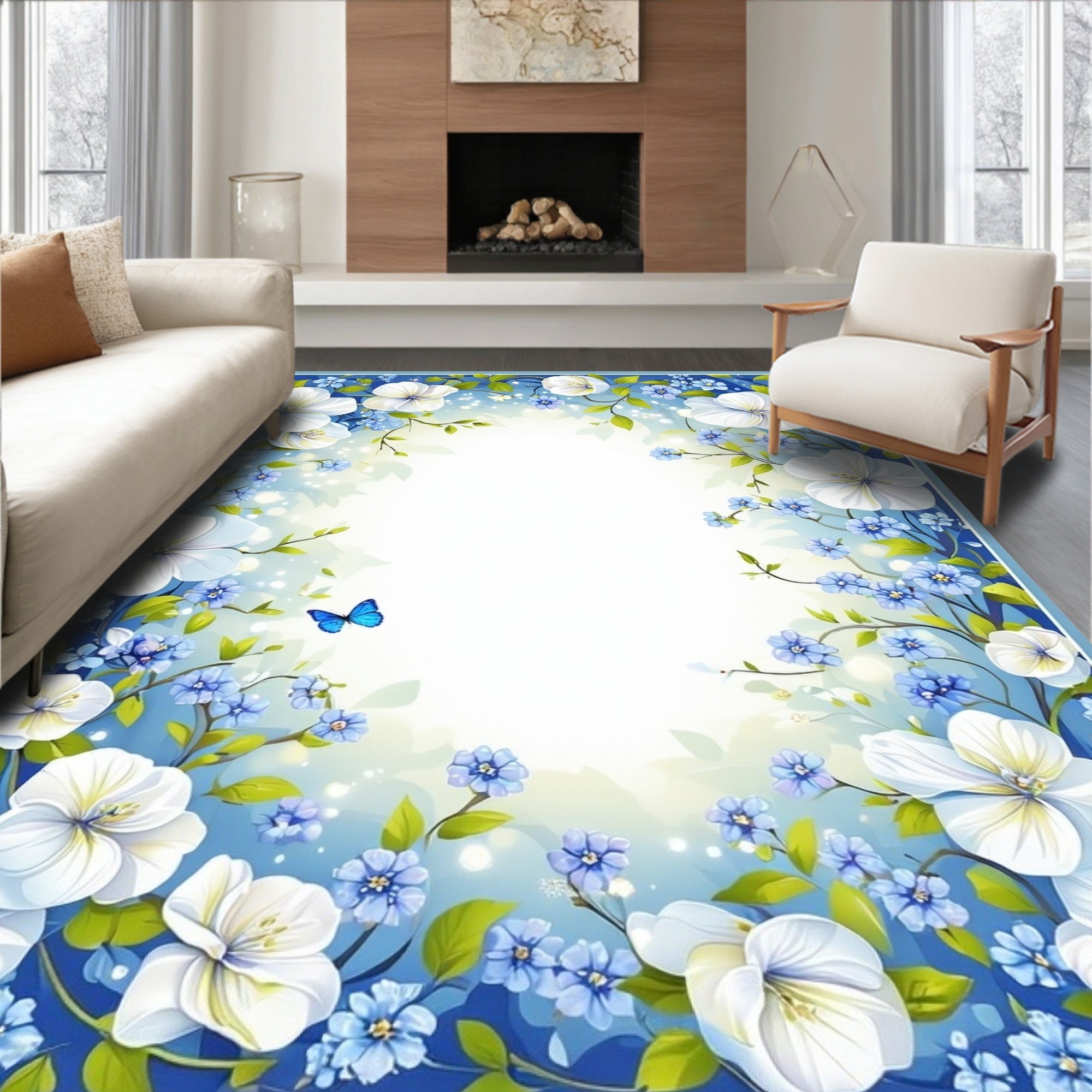 Delicate White Blue Floral Butterfly Print Rug