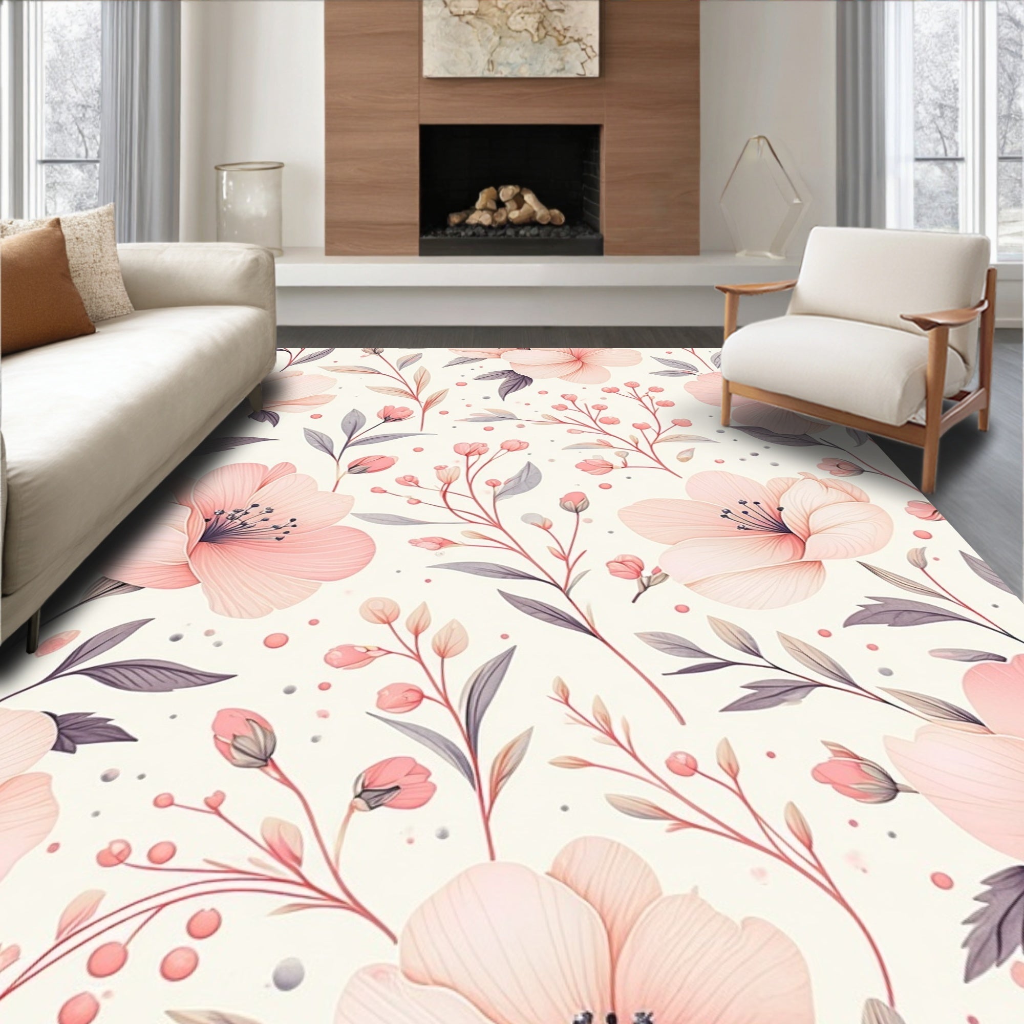 Soft Pink Floral Blossom Pattern Rug