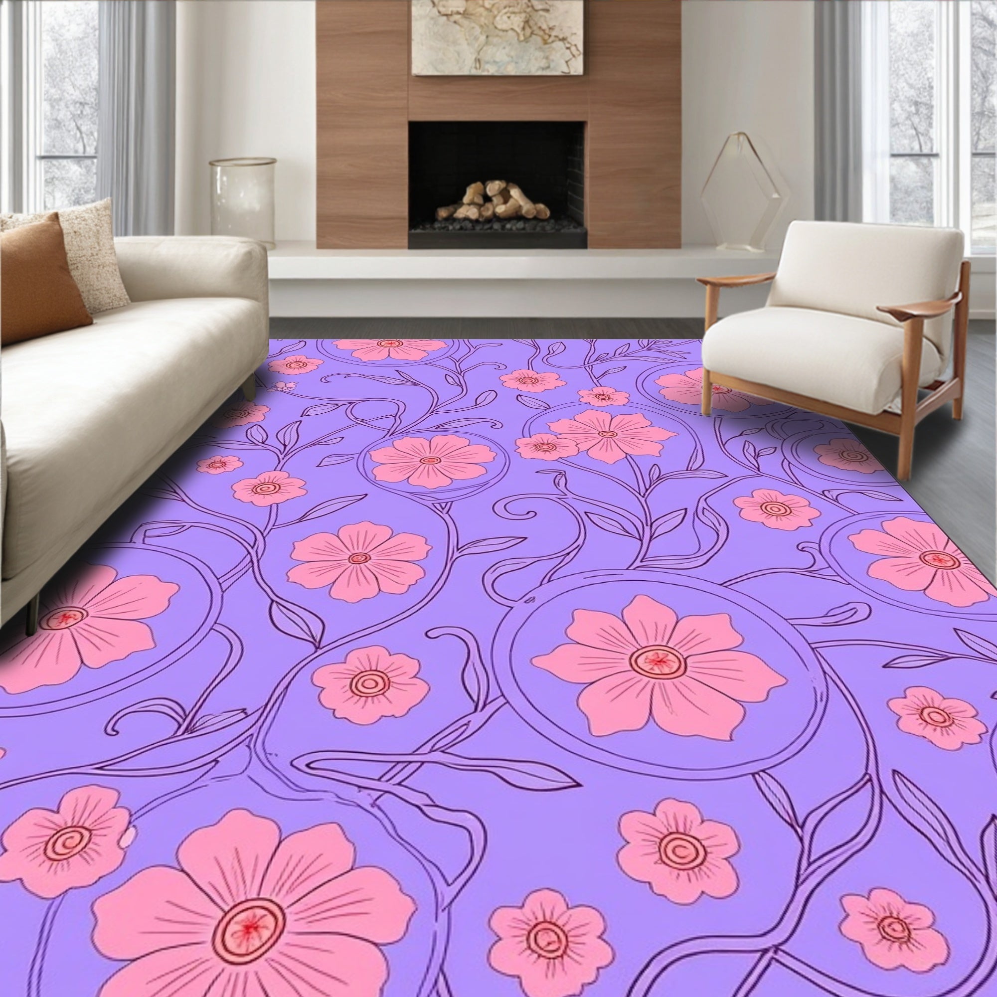 Floral Vine Pattern with Pink Blossoms Rug