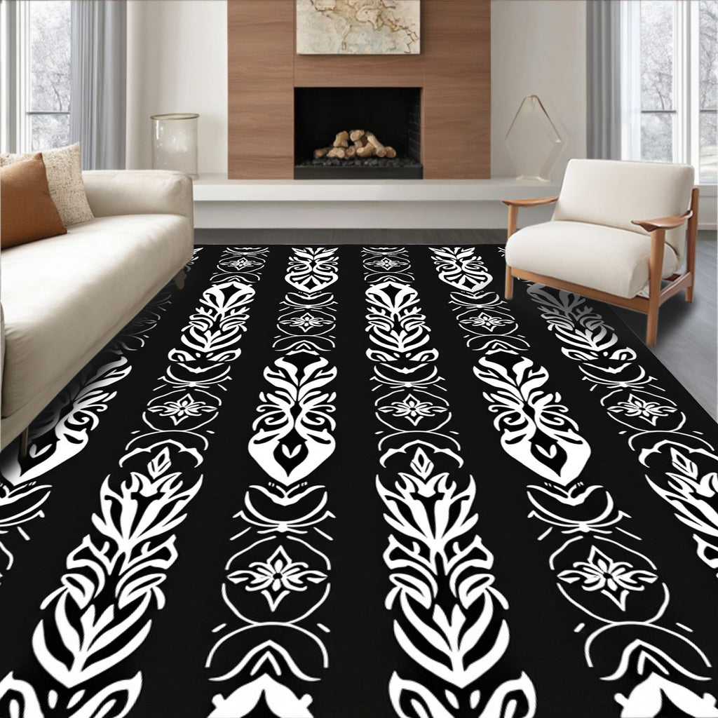 Elegant Black White Floral Stripes Rug