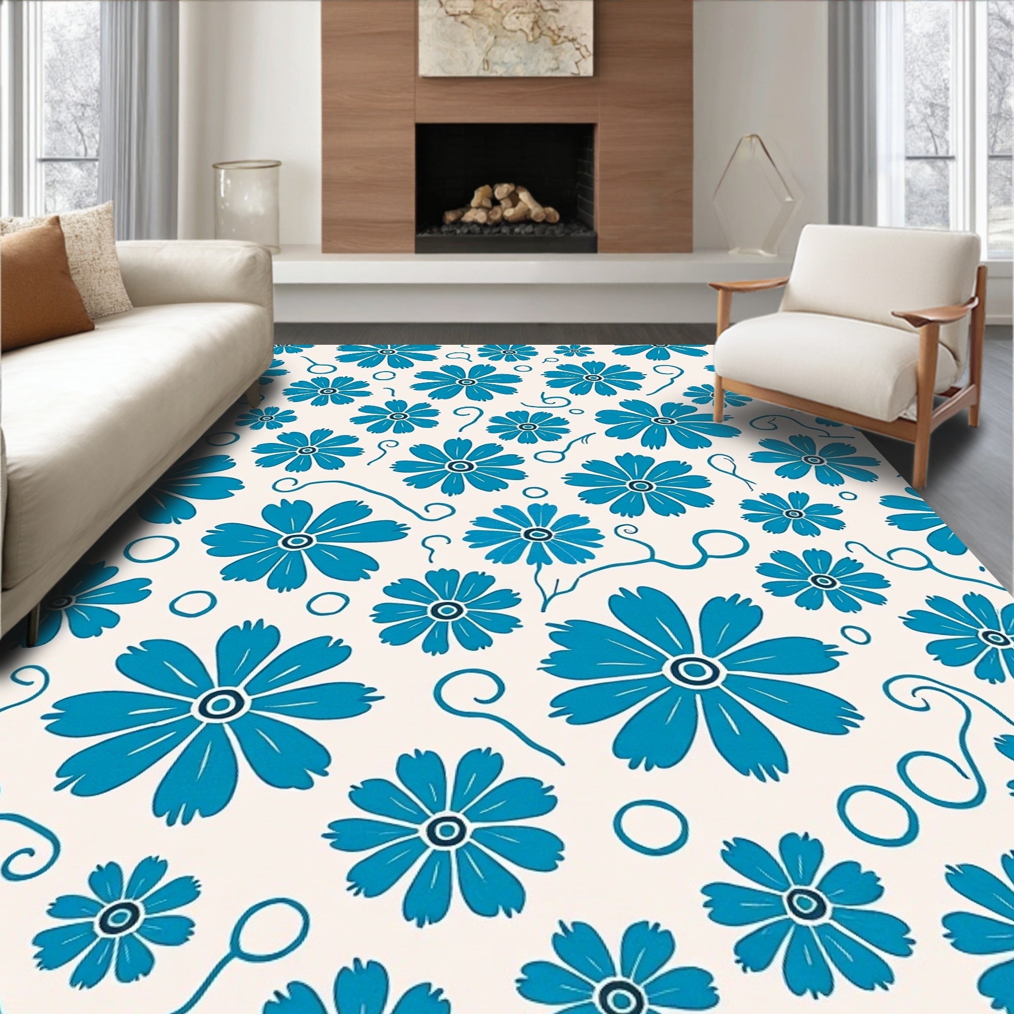 Delicate Blue Flower Pattern Rug