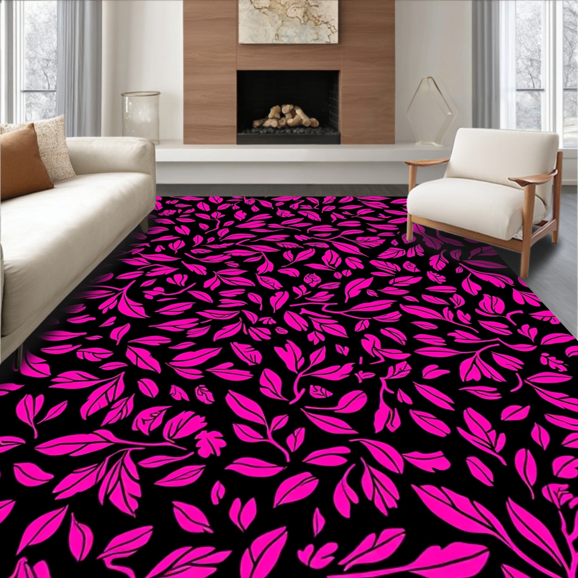 Hot Pink Floral Vines Pattern Rug