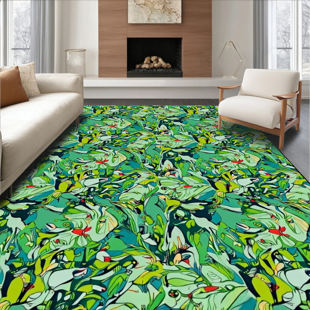 Lush Green Tropical Bird Pattern Rug