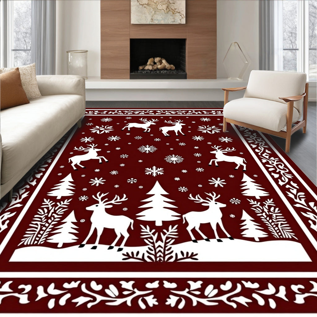 Christmas Deer Snowflake Forest Scene Rug