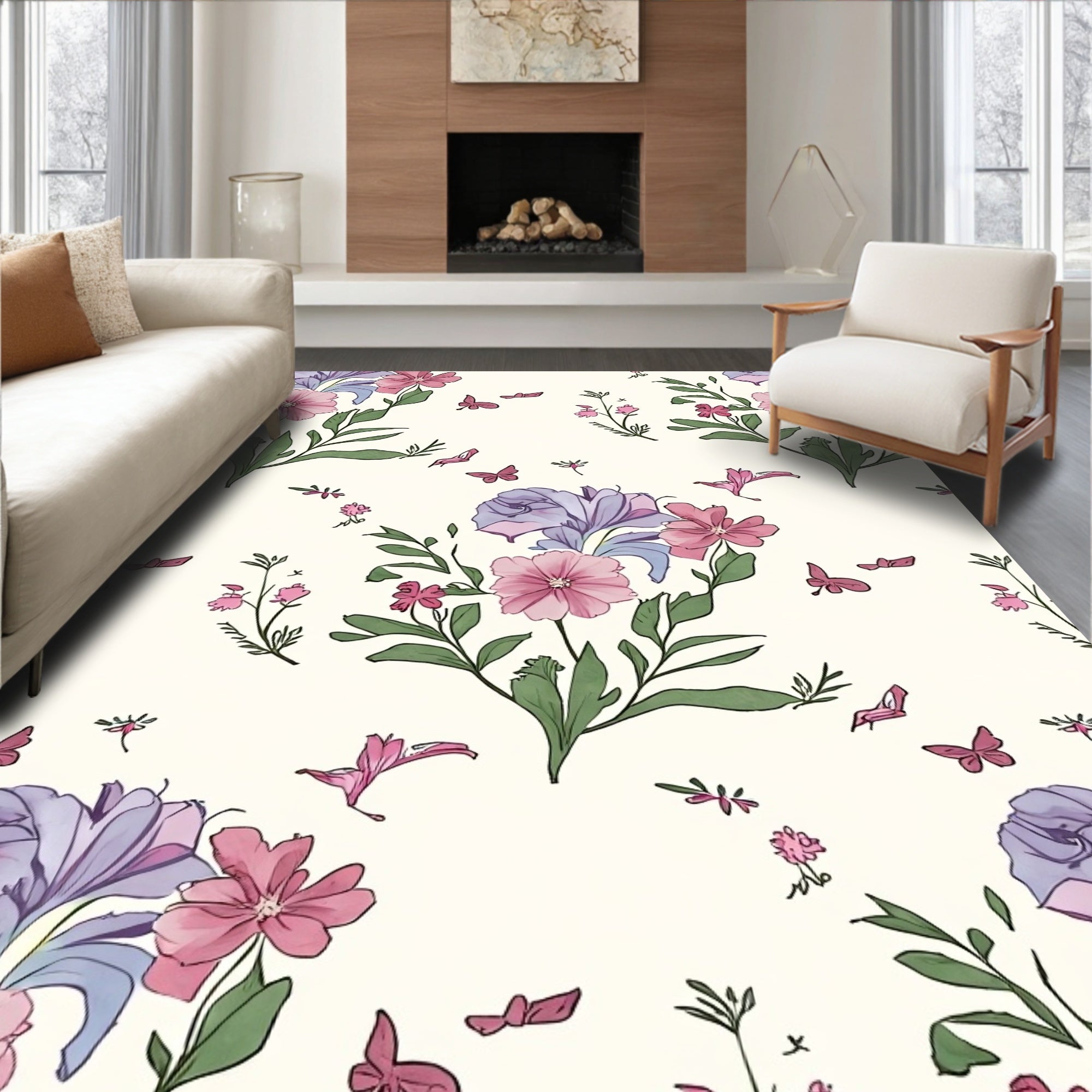 Spring Floral And Butterfly Garden Design Rug